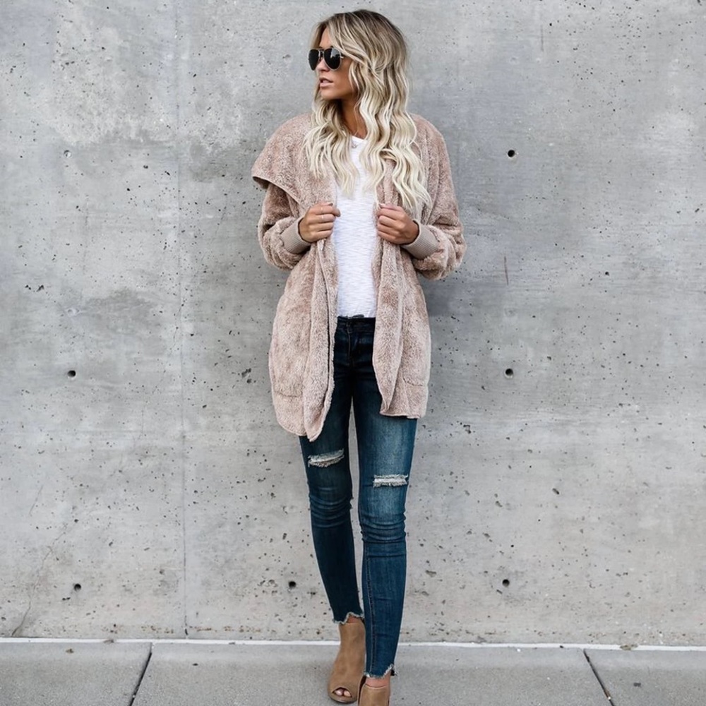 Tan Super Soft Cozy Pocket Hood Sherpa Lightweight Fleece Teddy Cardigan Coat - Picture 10 of 11